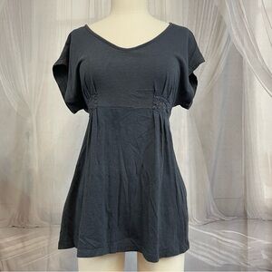 Y2K Women's Size L Large Babydoll Tie-Back Grey V-Neck Top Short Sleeve Pleated